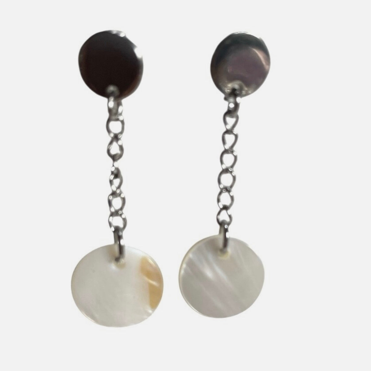 Flat Round MOP Ivory Shell Handmade Dangling Stainless Steel Earrings