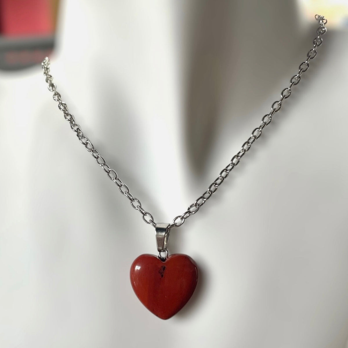 Heart Red Jasper Gemstone Pendant Black Cord or Cable Chain Necklace
