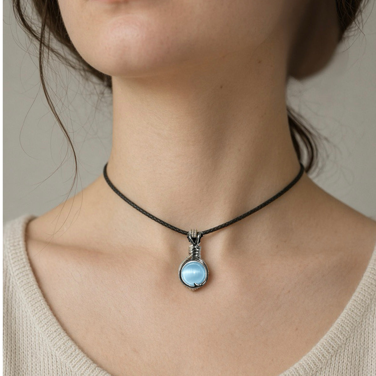 Handmade Wired Cat’s Eye Jewellery Handmade Pendant Black Cord Necklace