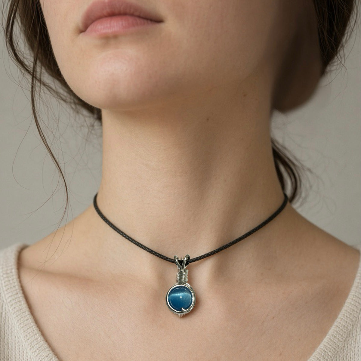 Handmade Wired Cat’s Eye Jewellery Handmade Pendant Black Cord Necklace