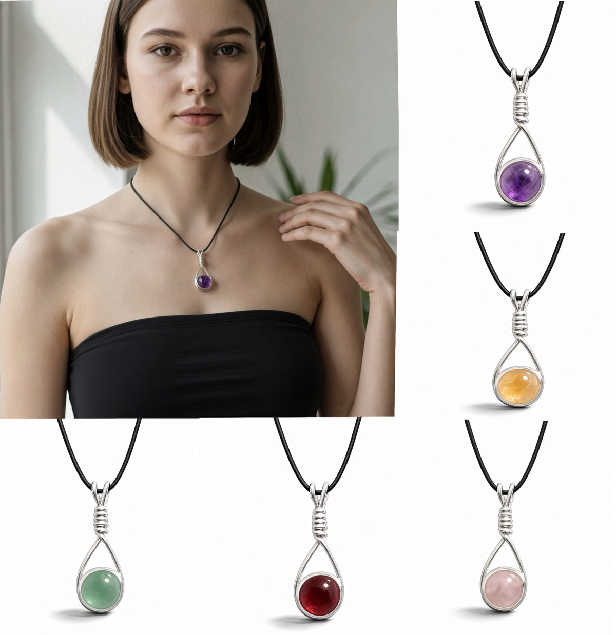 Handmade Wired Gemstone Jewellery Handmade Pendant Black Cord Necklace