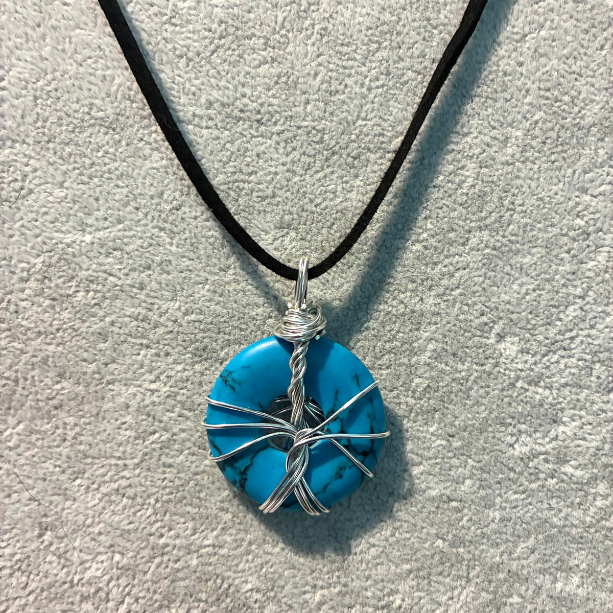 Blue Howlite Wired Gemstone Donut Shape 30mm Pendant Black Suede Necklace