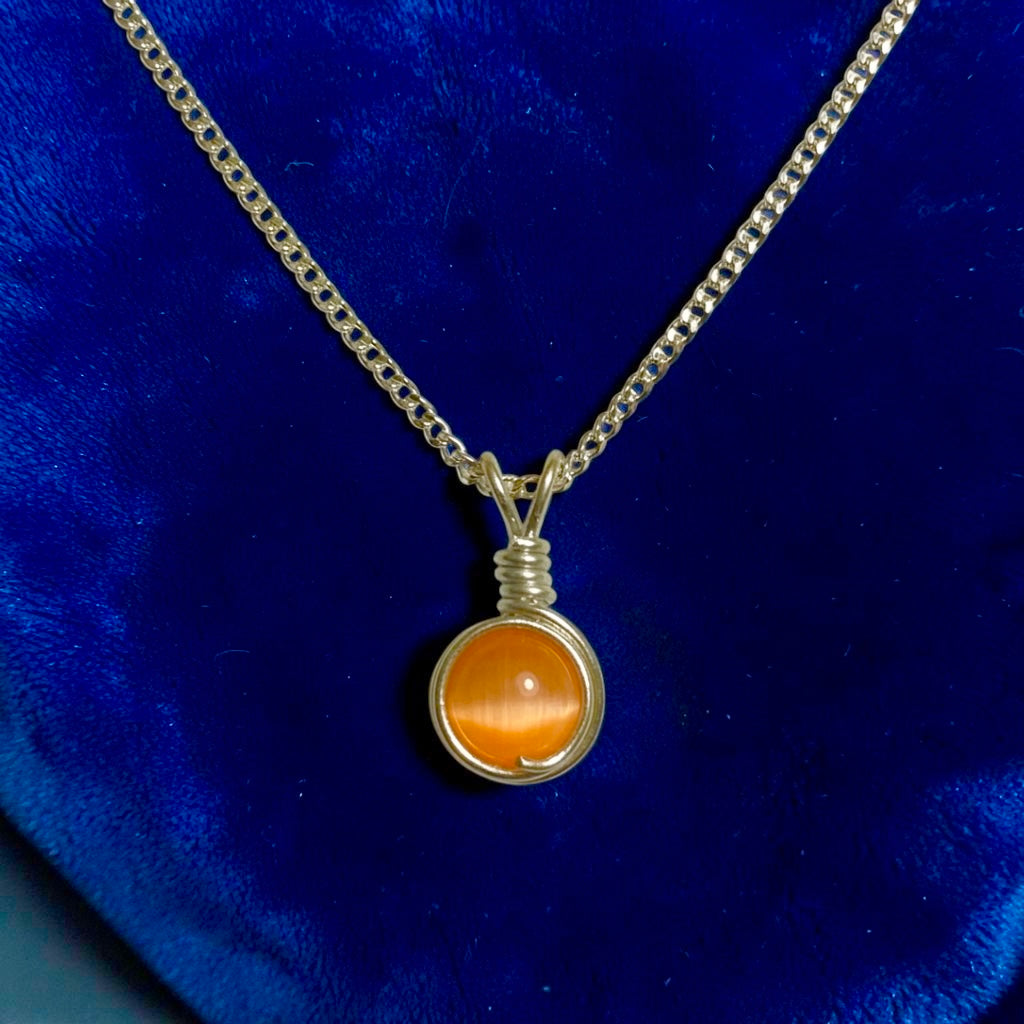 Handmade Wired Cat’s Eye Jewellery Handmade Pendant Silver Metal Chain Necklace