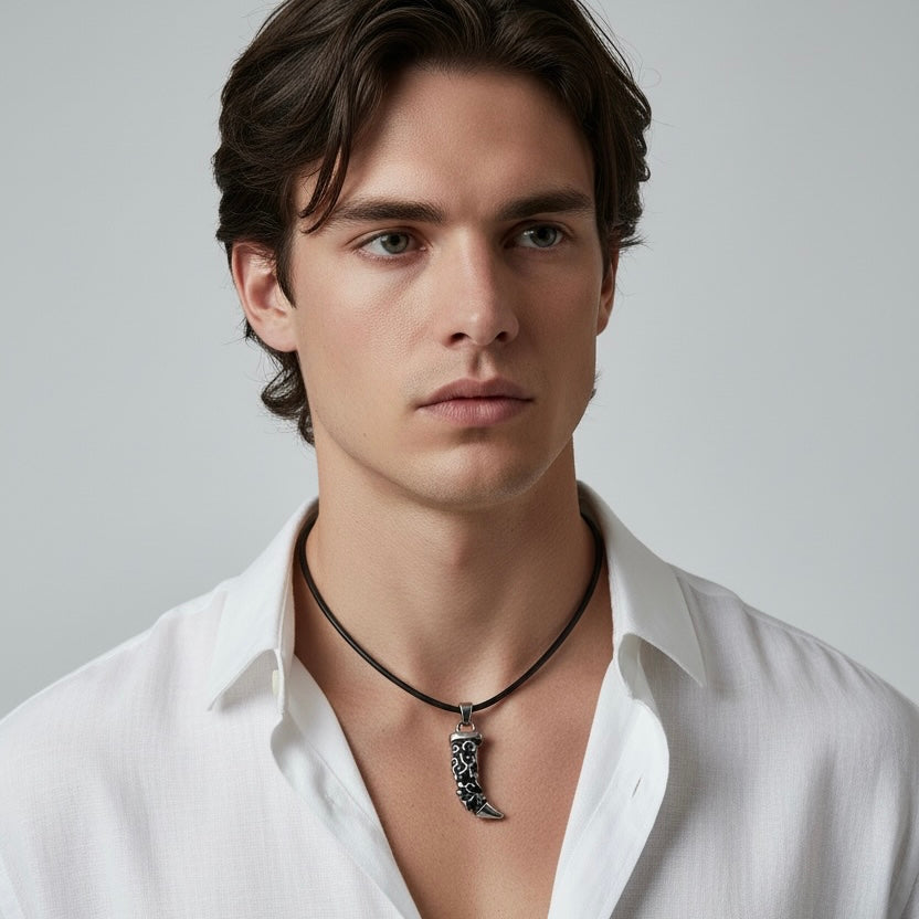 Tribal Viking Horn Claw Stainless Pendant Genuine Leather Cord Men Necklace