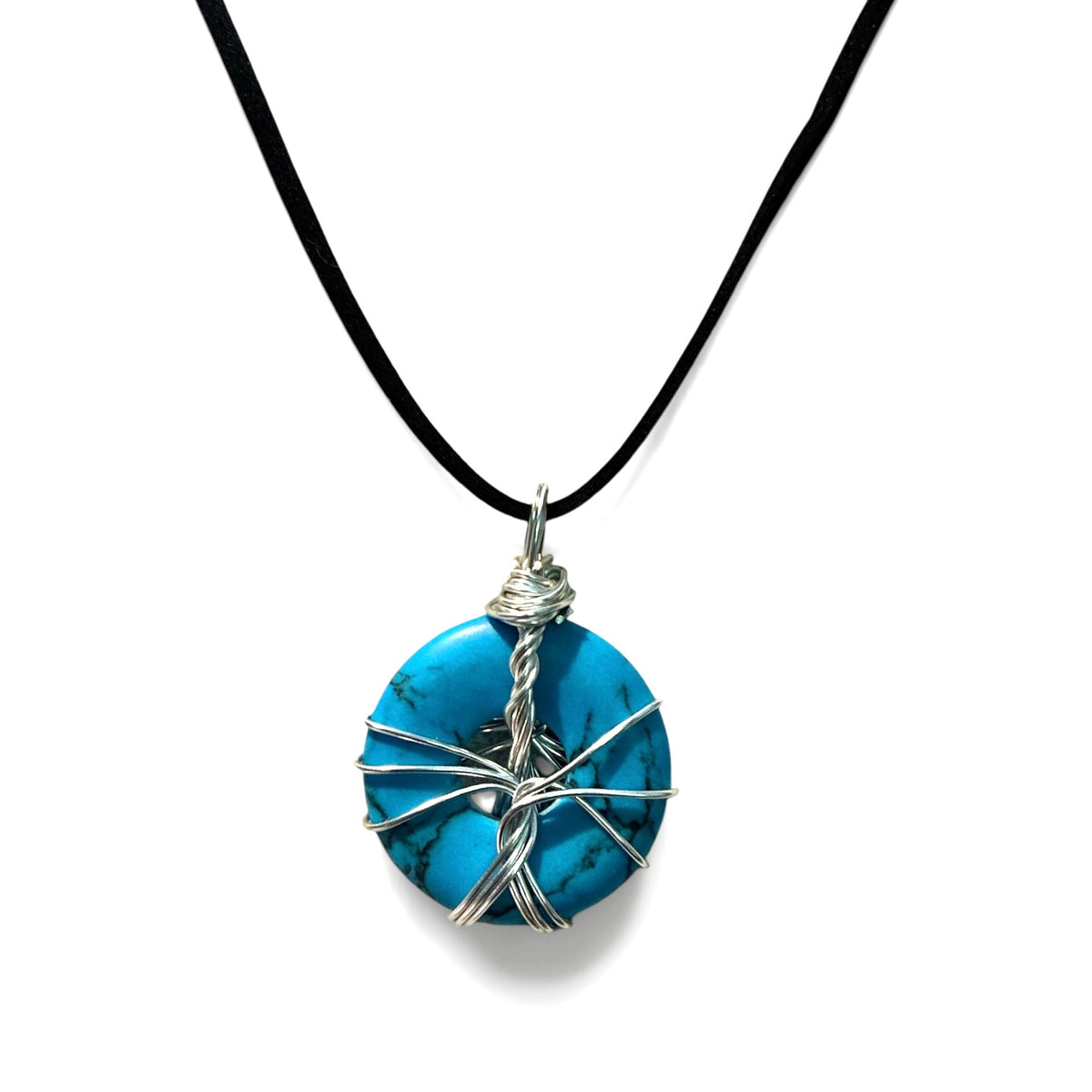 Blue Howlite Wired Gemstone Donut Shape 30mm Pendant Black Suede Necklace