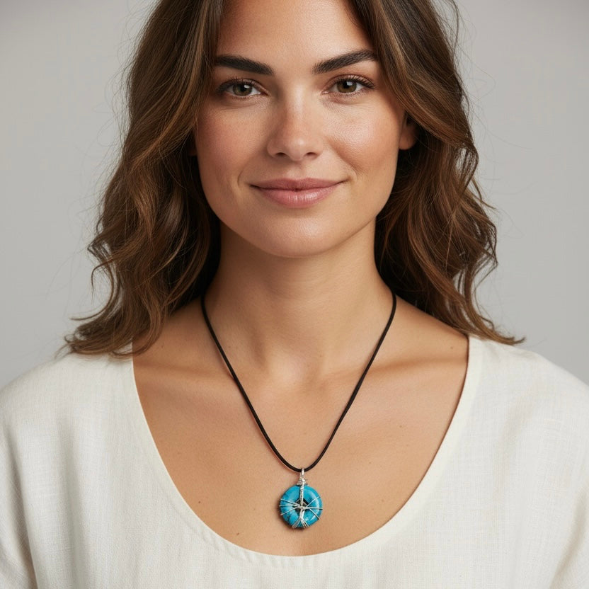 Blue Howlite Wired Gemstone Donut Shape 30mm Pendant Black Suede Necklace