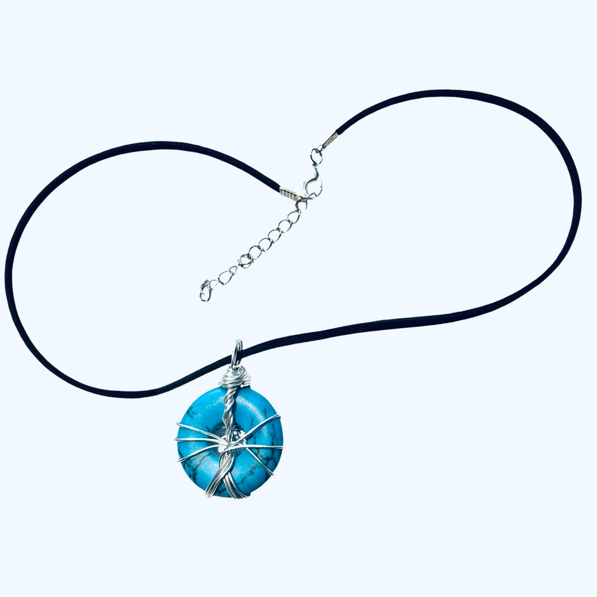Blue Howlite Wired Gemstone Donut Shape 30mm Pendant Black Suede Necklace