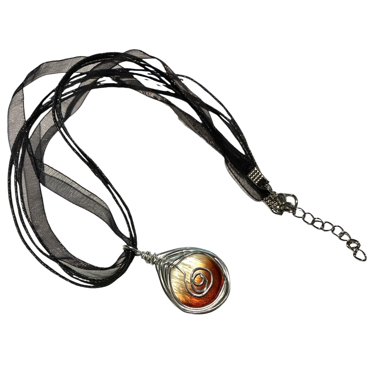 Wired MOP Shell Iridescent Amber Flat Round Pendant Necklace