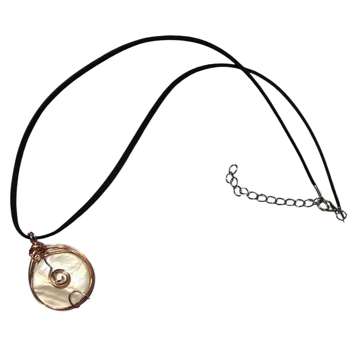 Handmade Wired MOP Shell White 30mm Flat Round Pendant in Black Faux Suede Cord Necklace Women