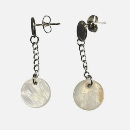 Flat Round MOP Ivory Shell Handmade Dangling Stainless Steel Earrings