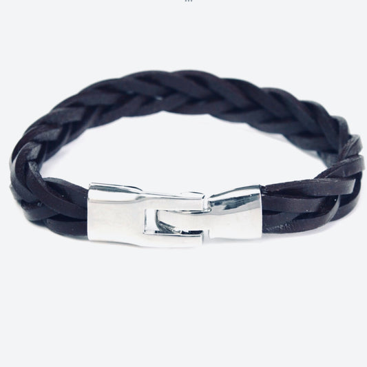Braided Genuine Leather Stainless Steel Mens Cuff Bangle Bracelet