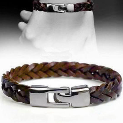Braided Genuine Leather Stainless Steel Mens Cuff Bangle Bracelet