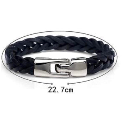 Braided Genuine Leather Stainless Steel Mens Cuff Bangle Bracelet