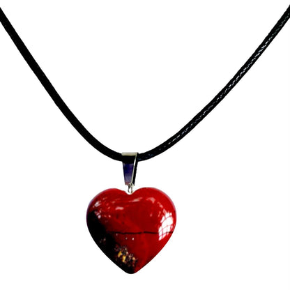 Heart Red Jasper Gemstone Pendant Black Cord or Cable Chain Necklace