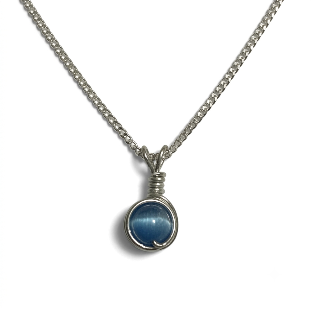 Handmade Wired Cat’s Eye Jewellery Handmade Pendant Silver Metal Chain Necklace