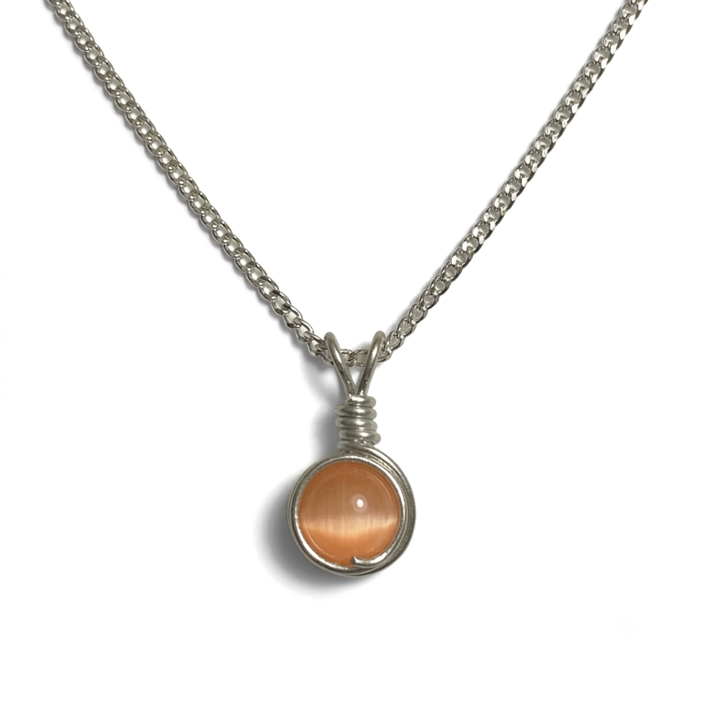 Handmade Wired Cat’s Eye Jewellery Handmade Pendant Silver Metal Chain Necklace
