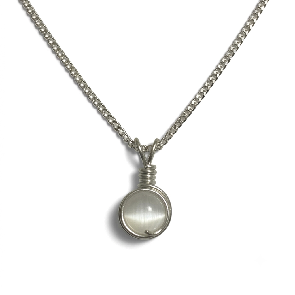 Handmade Wired Cat’s Eye Jewellery Handmade Pendant Silver Metal Chain Necklace
