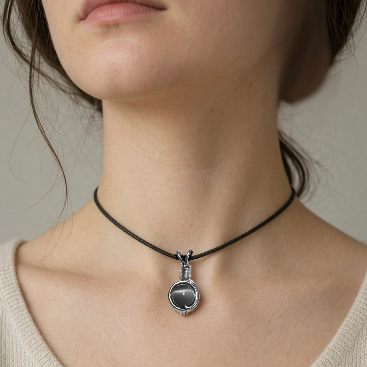 Handmade Wired Cat’s Eye Jewellery Handmade Pendant Black Cord Necklace