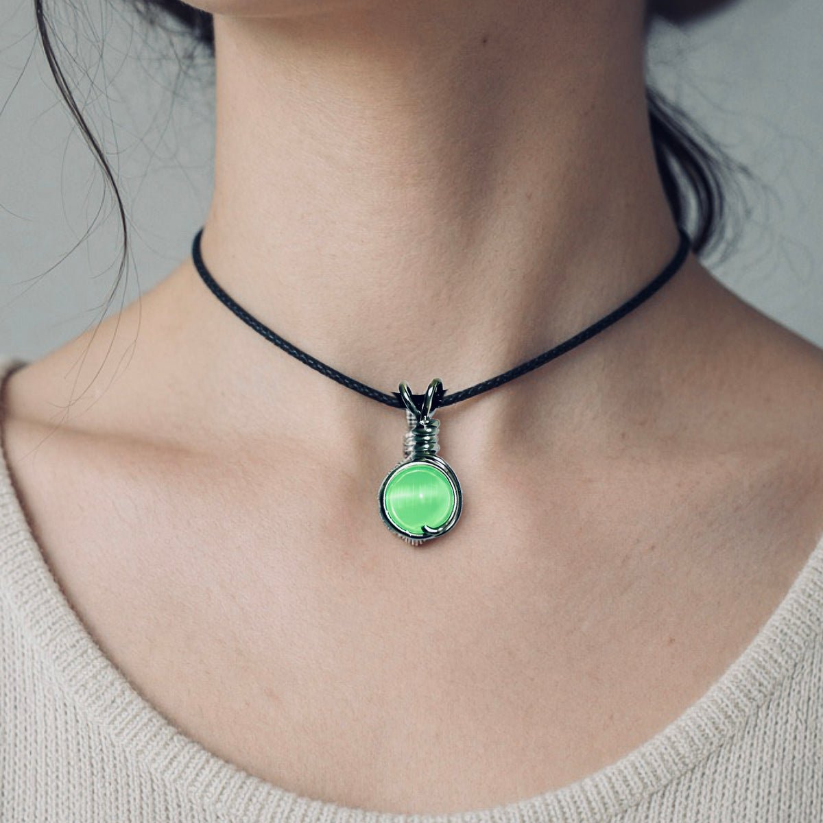 Handmade Wired Cat’s Eye Jewellery Handmade Pendant Black Cord Necklace