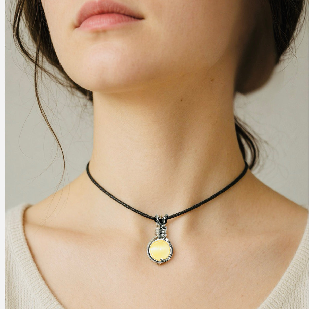 Handmade Wired Cat’s Eye Jewellery Handmade Pendant Black Cord Necklace