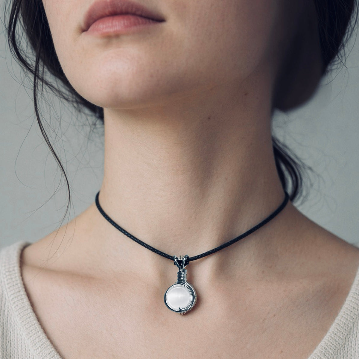 Handmade Wired Cat’s Eye Jewellery Handmade Pendant Black Cord Necklace