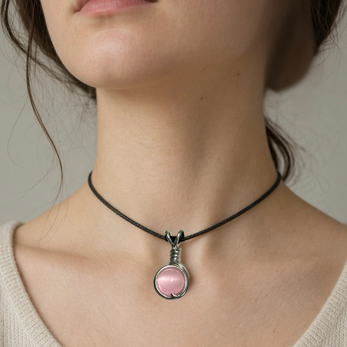Handmade Wired Cat’s Eye Jewellery Handmade Pendant Black Cord Necklace