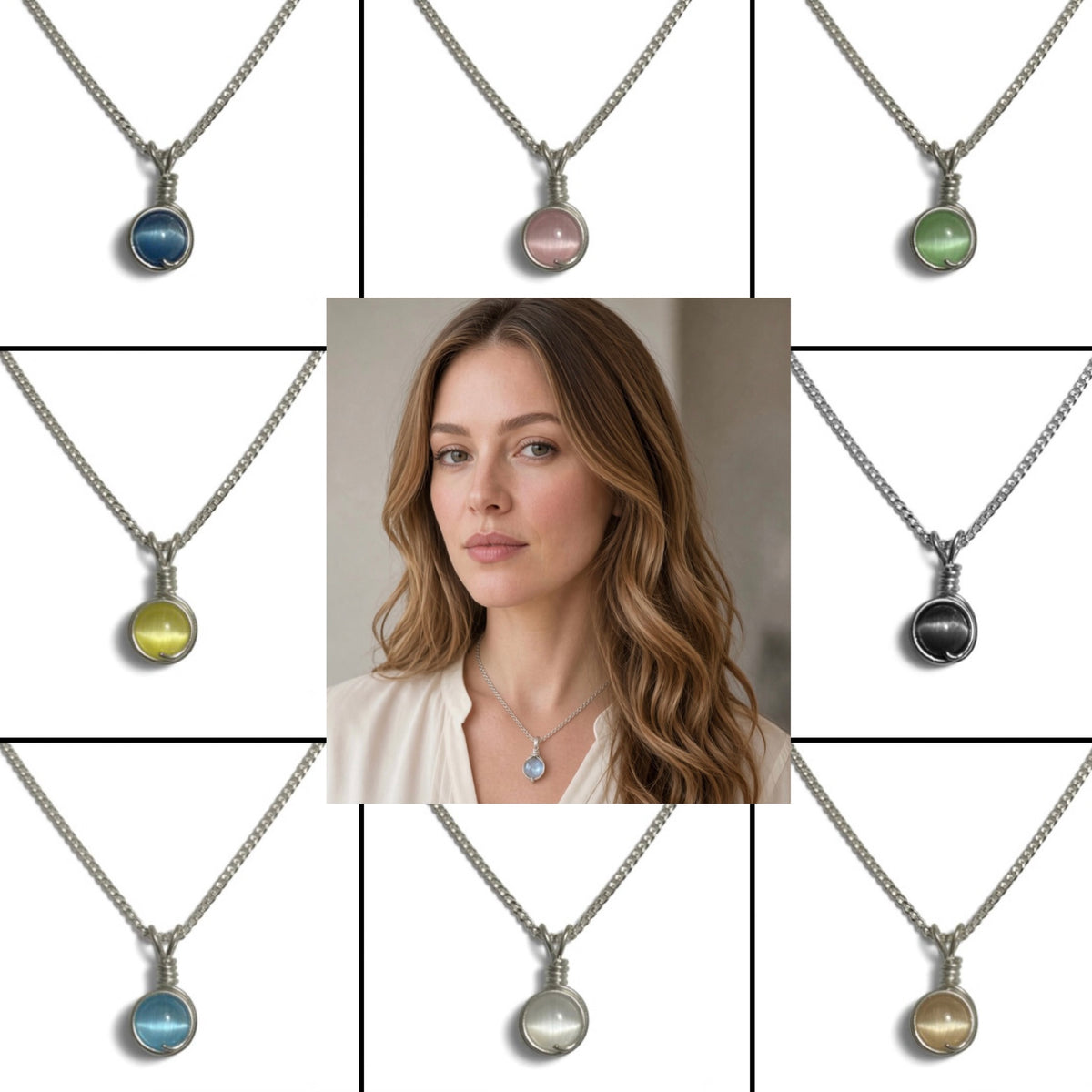 Handmade Wired Cat’s Eye Jewellery Handmade Pendant Silver Metal Chain Necklace