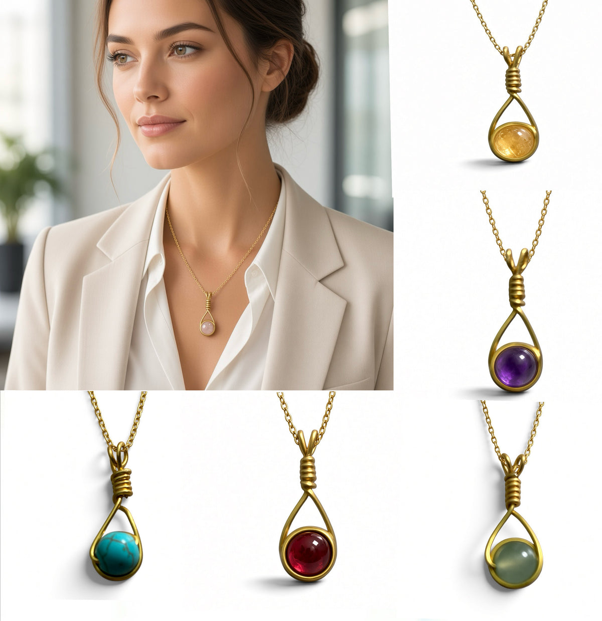Handmade Wired Gemstone Jewellery Pendant Gold Stainless Chain Necklace