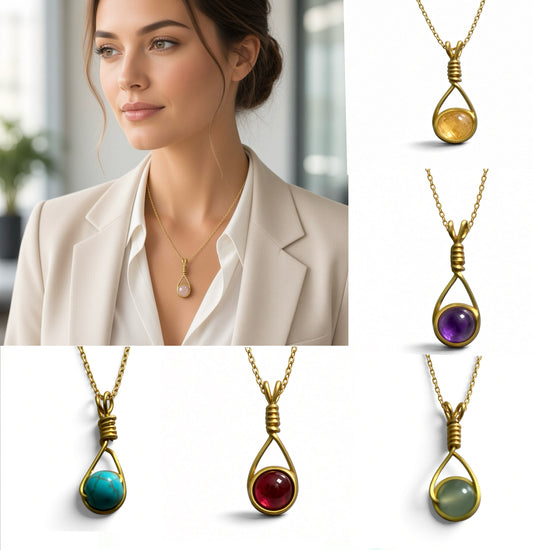Handmade Wired Gemstone Jewellery Pendant Gold Stainless Chain Necklace