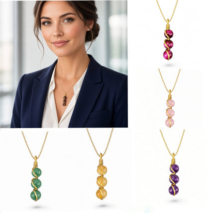 Handmade Wired Gemstone Jewellery Dangle Pendant Gold Metal Chain Necklace