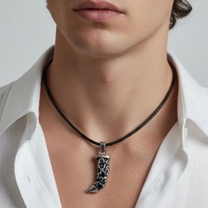 Tribal Viking Horn Claw Stainless Pendant Genuine Leather Cord Men Necklace