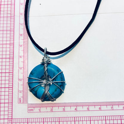 Blue Howlite Wired Gemstone Donut Shape 30mm Pendant Black Suede Necklace