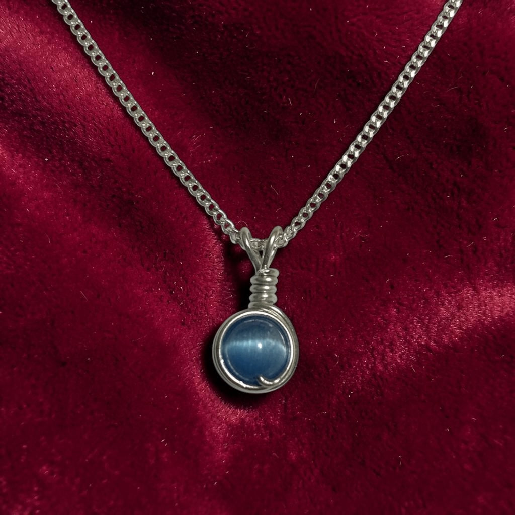 Handmade Wired Cat’s Eye Jewellery Handmade Pendant Silver Metal Chain Necklace