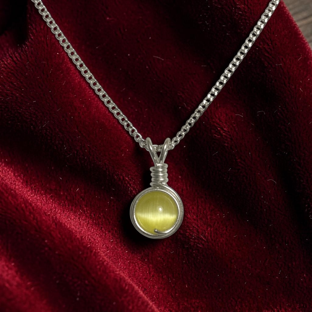 Handmade Wired Cat’s Eye Jewellery Handmade Pendant Silver Metal Chain Necklace