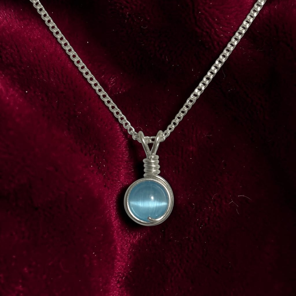 Handmade Wired Cat’s Eye Jewellery Handmade Pendant Silver Metal Chain Necklace
