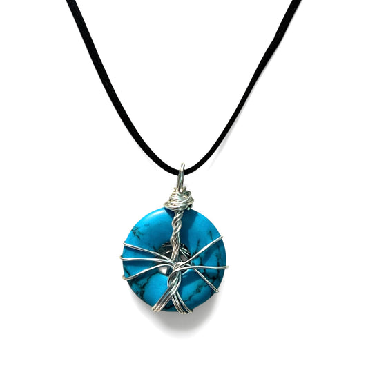 Blue Howlite Wired Gemstone Donut Shape 30mm Pendant Black Suede Necklace