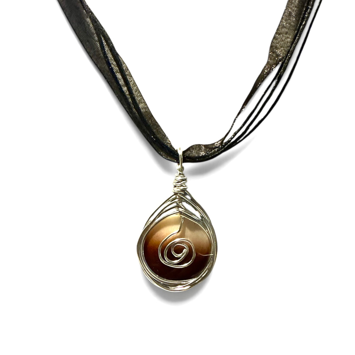 Wired MOP Shell Iridescent Amber Flat Round Pendant Necklace