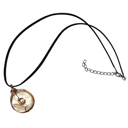 Handmade Wired MOP Shell White 30mm Flat Round Pendant in Black Faux Suede Cord Necklace Women