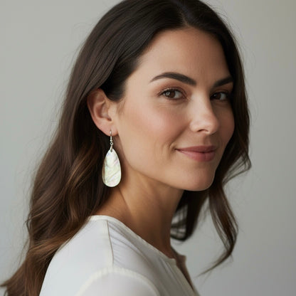 White MOP Shell Teardrop 925 Hallmarked Sterling Silver Hook Charm Dangling Earrings