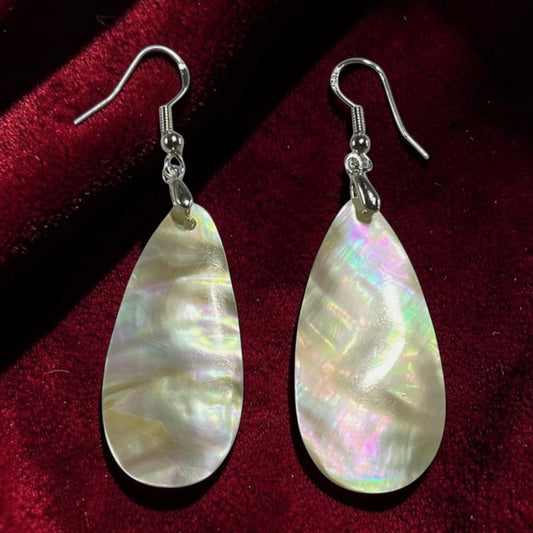 White MOP Shell Teardrop 925 Hallmarked Sterling Silver Hook Charm Dangling Earrings