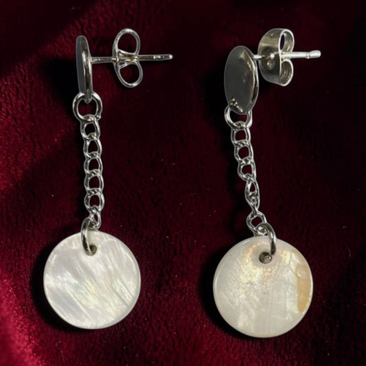 Flat Round MOP Ivory Shell Handmade Dangling Stainless Steel Earrings