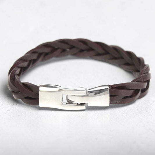Braided Genuine Leather Stainless Steel Mens Cuff Bangle Bracelet
